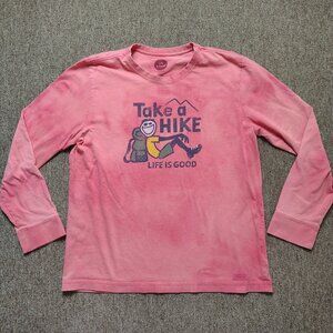 LIFE IS GOOD Shirt Men L Pink Bleach Dyed Take A Hike Graphic Cotton Long Sleeve